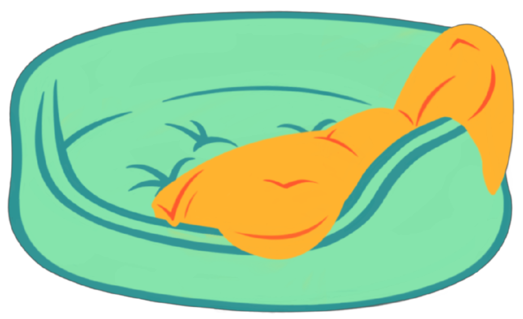 A light blue/green dog bed with a yellow blanket draped over it. Hand drawn image